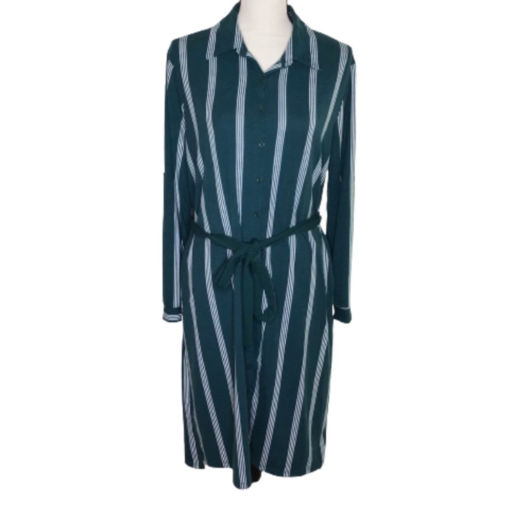 LuLaRoe Green and White Striped Ellie Button Up Roll Tab Sleeve Shirt Dress M